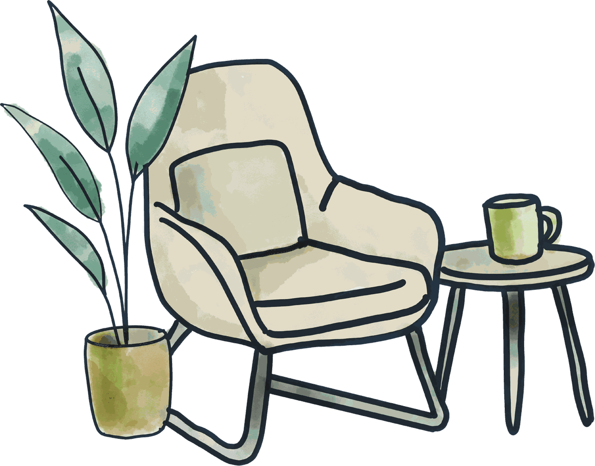 Illustration d'un fauteuil, d'une plante verte et d'une table basse avec une tasse